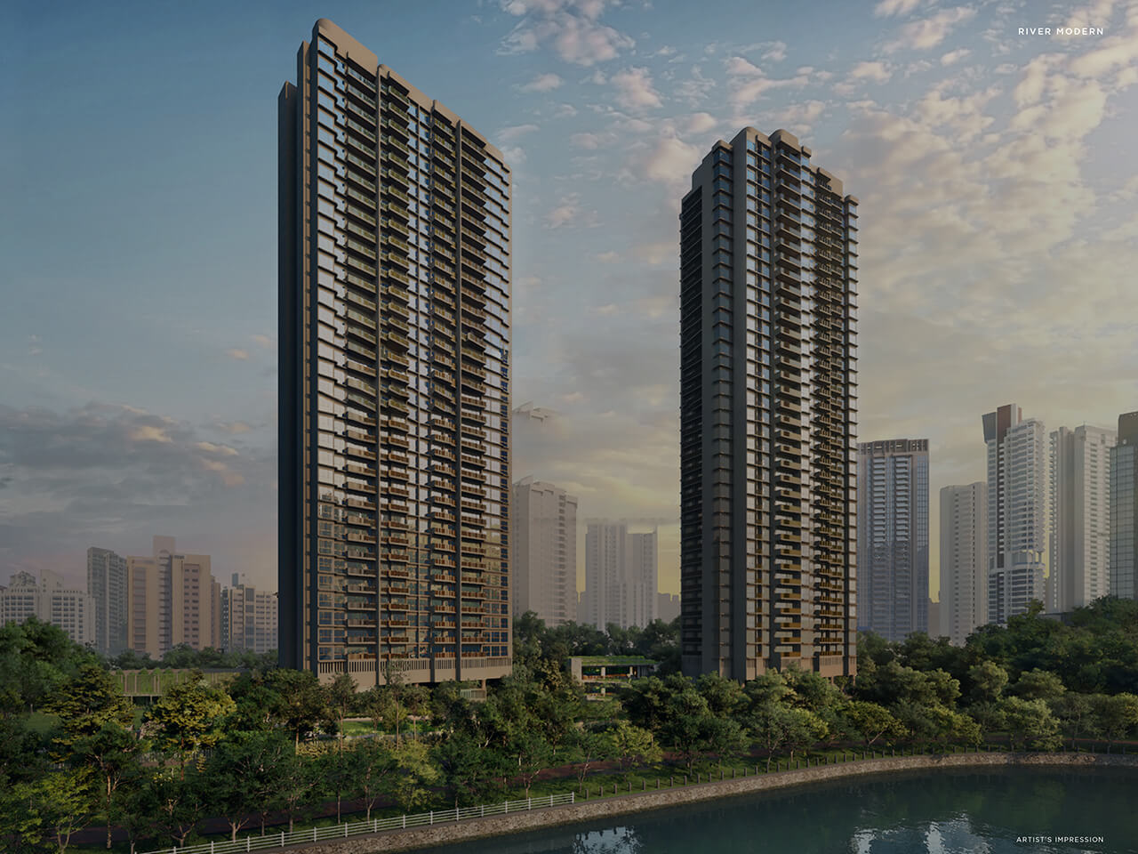 The River Modern facade, with contact details for the sales team